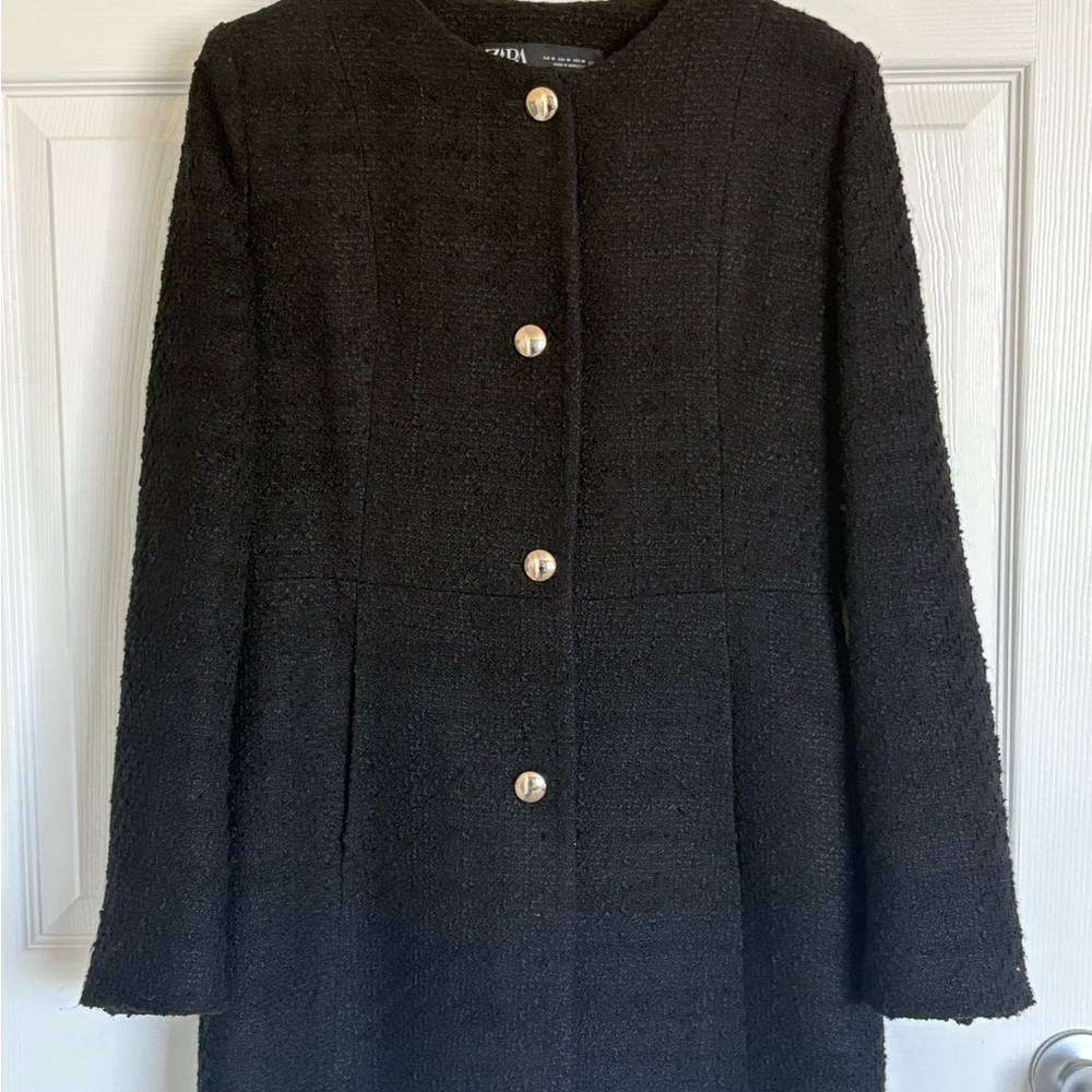 Zara Black Textured Women's Blazer with Gold Buttons